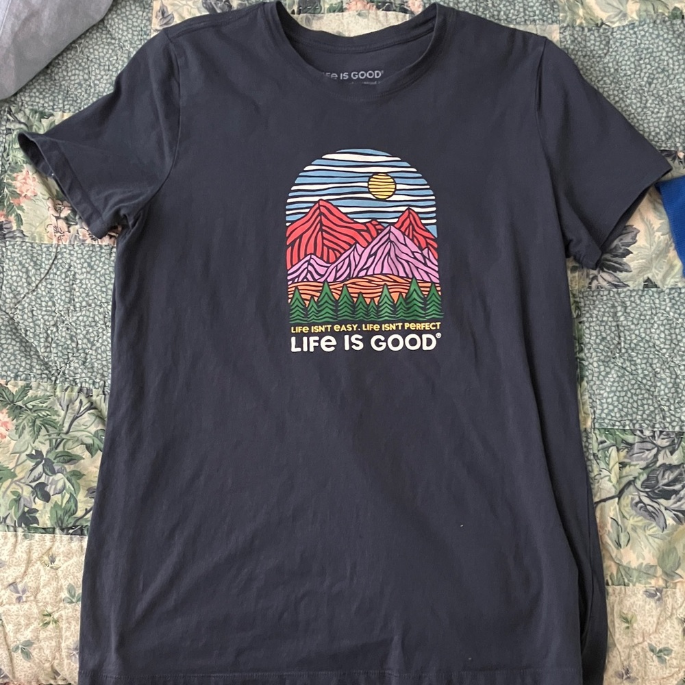 Women’s Life Is Good Navy Tee with Mountain Design